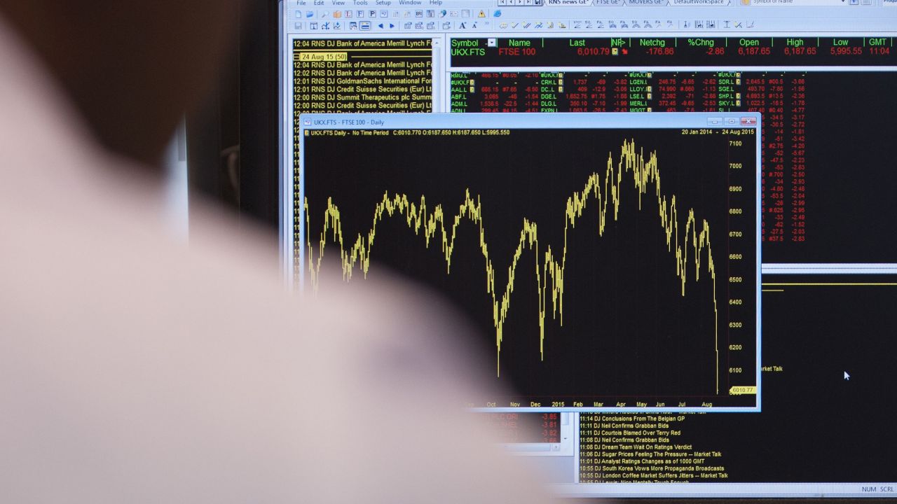 An office worker in London views a graph showing the FTSE 100 Index falling on August 24.