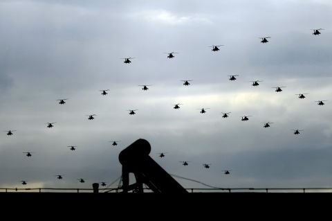 Chinese military helicopters dot the sky  on August 23. According to state news agency Xinhua,  a total of 12,000 troops, 500 pieces of equipment, and nearly 200 aircraft will be shown on September 3.