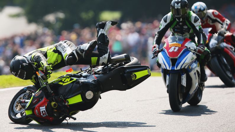 Ben Godfrey crashes during a British Superbike race in Louth, England, on Sunday, August 23.