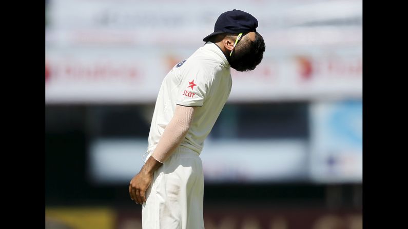 India cricket captain Virat Kohli reacts after a teammate missed a catch in Colombo, Sri Lanka, on Saturday, August 22. India still won the Test match by 278 runs. The two teams are now split with a third match to start later this week.