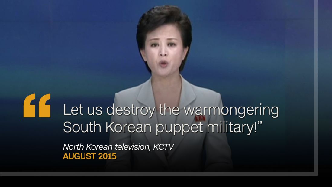 <strong>August 2015: </strong>On August 23, as North Korean negotiators were meeting with their South Korean counterparts over current tensions, a KCTV presenter appeared on air repeating North Korea's ambitions to "destroy the warmongering South Korean puppet military."