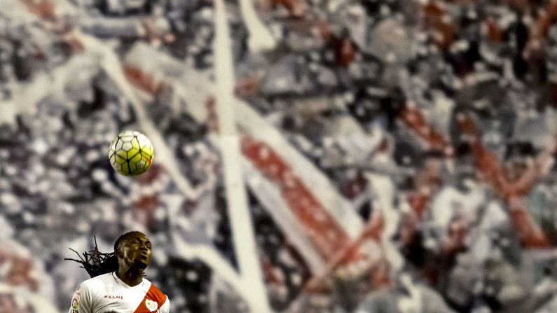 Manucho, a forward for Spanish club Rayo Vallecano, heads the ball during a home match in Madrid on Saturday, August 22.