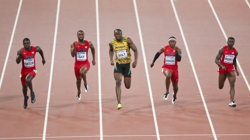 Jamaica's Usain Bolt speeds past four American sprinters on his way to <a href="index.php?page=&url=http%3A%2F%2Fwww.cnn.com%2F2015%2F08%2F23%2Fsport%2Fworld-athletics-championship-gatlin-bolt%2F" target="_blank">winning the 100-meter dash</a> Sunday, August 23, at the World Championships. Bolt, a two-time Olympic champion in the event and its world-record holder, edged Justin Gatlin with a time of 9.79 seconds.