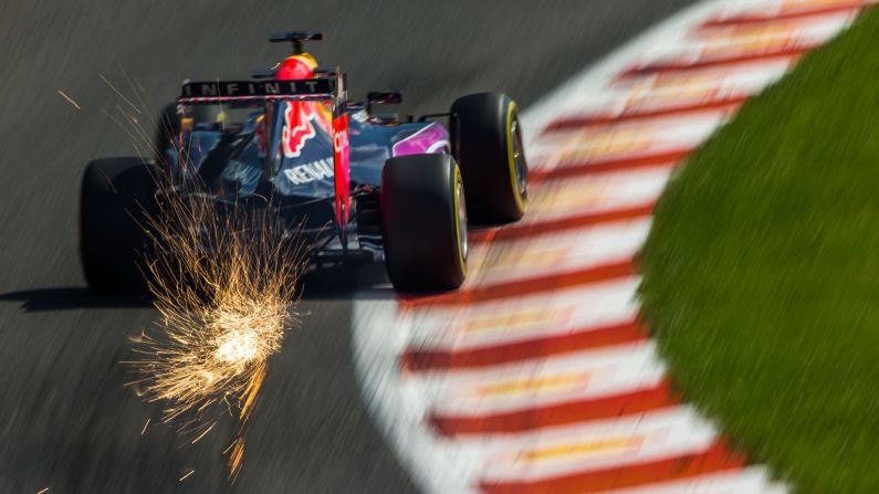 In this long-exposure photo, sparks fly from the car of Formula One driver Daniel Ricciardo as he practices for the Belgian Grand Prix on Saturday, August 22.