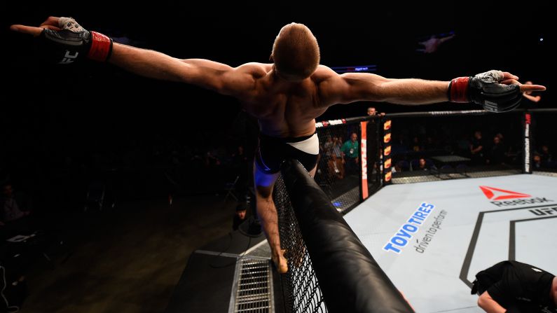 Misha Cirkunov celebrates after his victory over Daniel Jolly at a UFC event in Saskatoon, Saskatchewan, on Sunday, August 23. It was the UFC debut for Cirkunov, who won by first-round TKO.