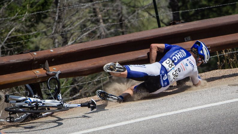 Cyclist Danny Summerhill falls during stage six of the USA Pro Challenge, which took place Saturday, August 22, in Loveland, Colorado. He had a sense of humor about his fall, <a href="index.php?page=&url=https%3A%2F%2Finstagram.com%2Fp%2F6tRTuIo4xq%2F" target="_blank" target="_blank">posting it to his Instagram account</a> with the caption "Hey look, a penny."