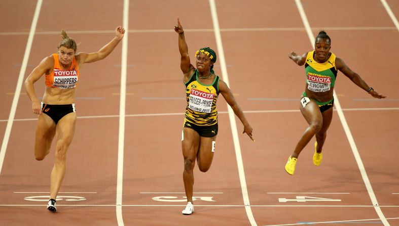 Jamaican Shelly-Ann Fraser-Pryce (C) beat Schippers and Veronica Campbell-Brown of Jamaica to win gold in the women's 100m at the the World Athletics Championships at Beijing National Stadium on August 24, 2015. 
