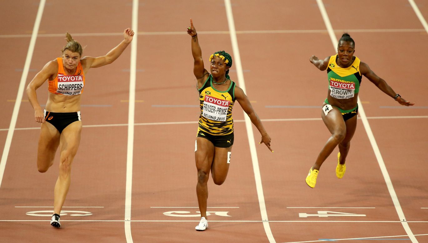 Jamaican Shelly-Ann Fraser-Pryce (C) beat Schippers and Veronica Campbell-Brown of Jamaica to win gold in the women's 100m at the the World Athletics Championships at Beijing National Stadium on August 24, 2015. 