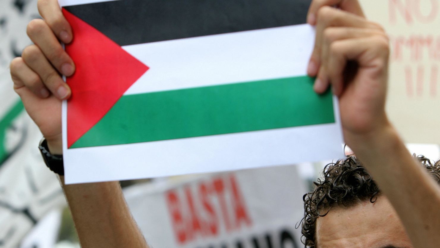 A man holds up a Palestinian flag during a protest rally. 