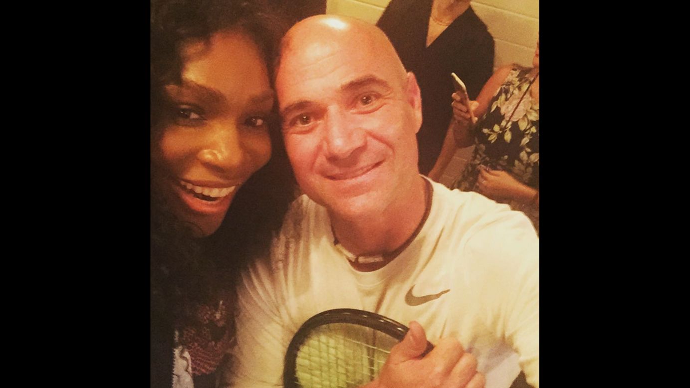 Top-ranked tennis champion <a href="https://instagram.com/p/6zs488MTEt/" target="_blank" target="_blank">Serena Williams poses</a> with formerly top-ranked tennis player Andre Agassi on Tuesday, August 25. 