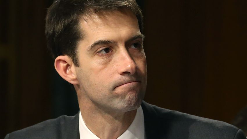 Sen. Tom Cotton (R-AK) attends a Senate Armed Services Committee hearing on Capitol Hill March 18, 2015 in Washington, D.C.