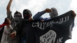 Kashmiri demonstrators hold up a flag of the Islamic State of Iraq and the Levant (ISIL) during a demonstration against Israeli military operations in Gaza, in downtown Srinagar on July 18, 2014.
