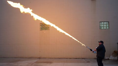 Flamethrowers like these are made in Warren, Michigan -- something that city's mayor wants to stop.