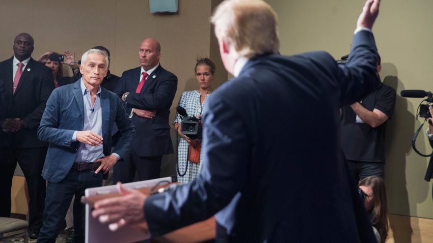 DUBUQUE, IA - AUGUST 25: Republican presidential candidate Donald Trump fields a question from Univision and Fusion anchor Jorge Ramos during a press conference held before his campaign event at the Grand River Center on August 25, 2015 in Dubuque, Iowa. Earlier in the press conference Trump had Ramos removed from the room when he failed to yield when Trump wanted to take a question from a different reporter. Trump leads most polls in the race for the Republican presidential nomination. (Photo by Scott Olson/Getty Images)