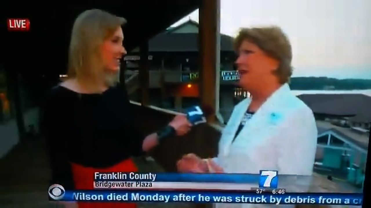 WDBJ reporter Alison Parker, left, was interviewing Vicki Gardner, a chamber of commerce executive, in Franklin County, Virginia, Wednesday morning. Moments later, on live TV, gunshots were fired, killing Parker and cameraman Adam Ward.