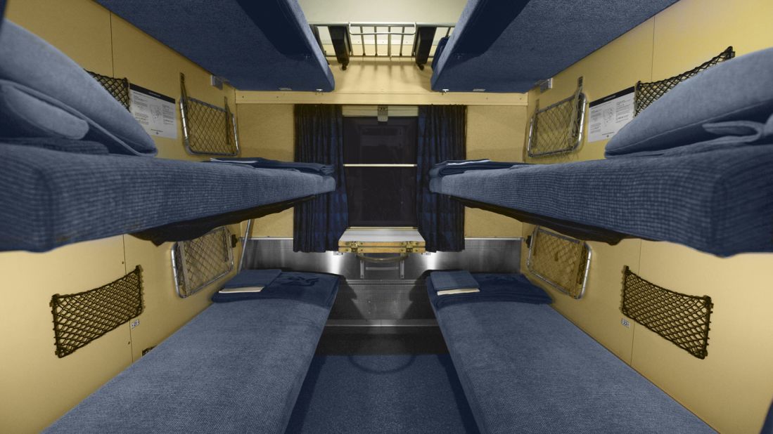 A six-bed couchette aboard one of Sweden's SJ night trains, which connect main Swedish cities with remote spots such as the Norwegian town of Narvik inside the Arctic Circle, or Kiruna, Sweden's northernmost city. 