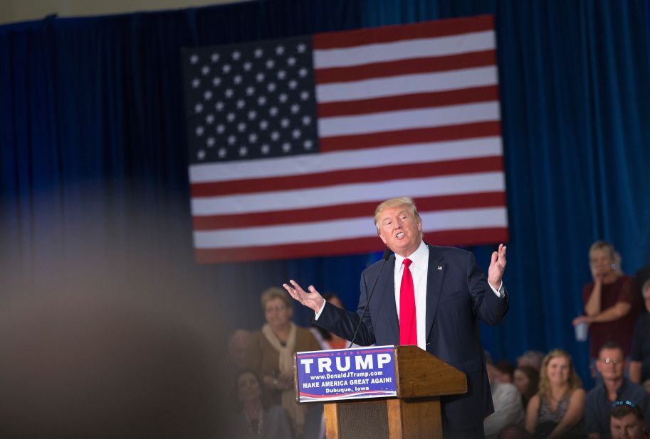 Trump speaks to guests gathered for a campaign event at the Grand River Center in Dubuque, Iowa, on August 25. 