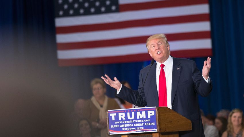 Republican presidential candidate Donald Trump speaks to guests gathered for a campaign event at the Grand River Center on August 25, 2015 in Dubuque, Iowa.