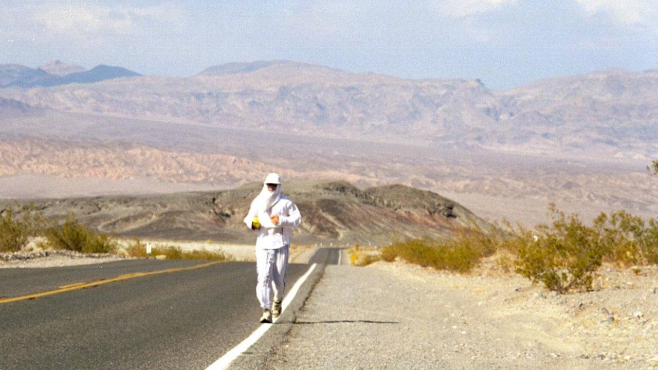 He might look a bee keeper on the run, but this is the UV protective outfit Karnazes wore during the Badwater Ultramarathon in Death Valley.