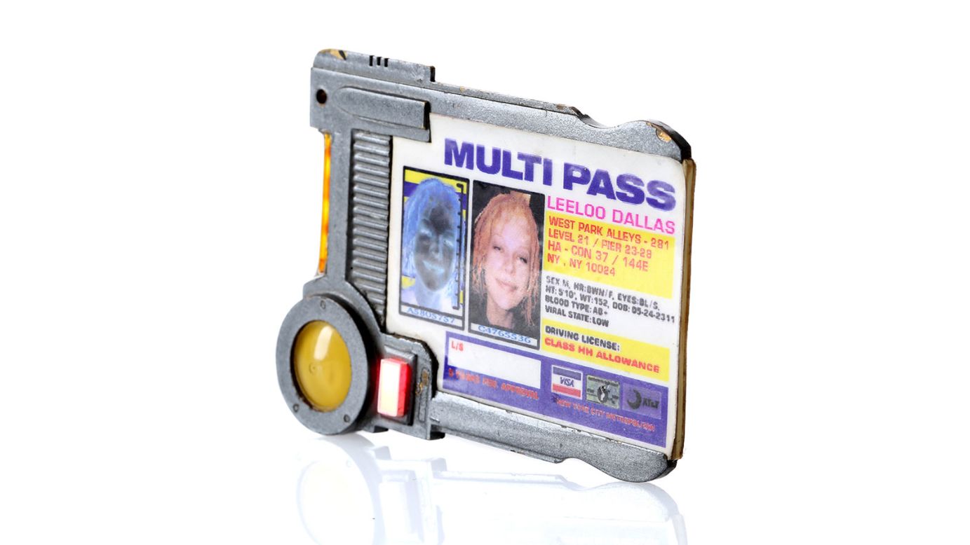 Used by Milla Jovovich to board the Fhloston Paradise ship, this pass is made of machined brass plate and features images of her character Leelo on the front.<br />
