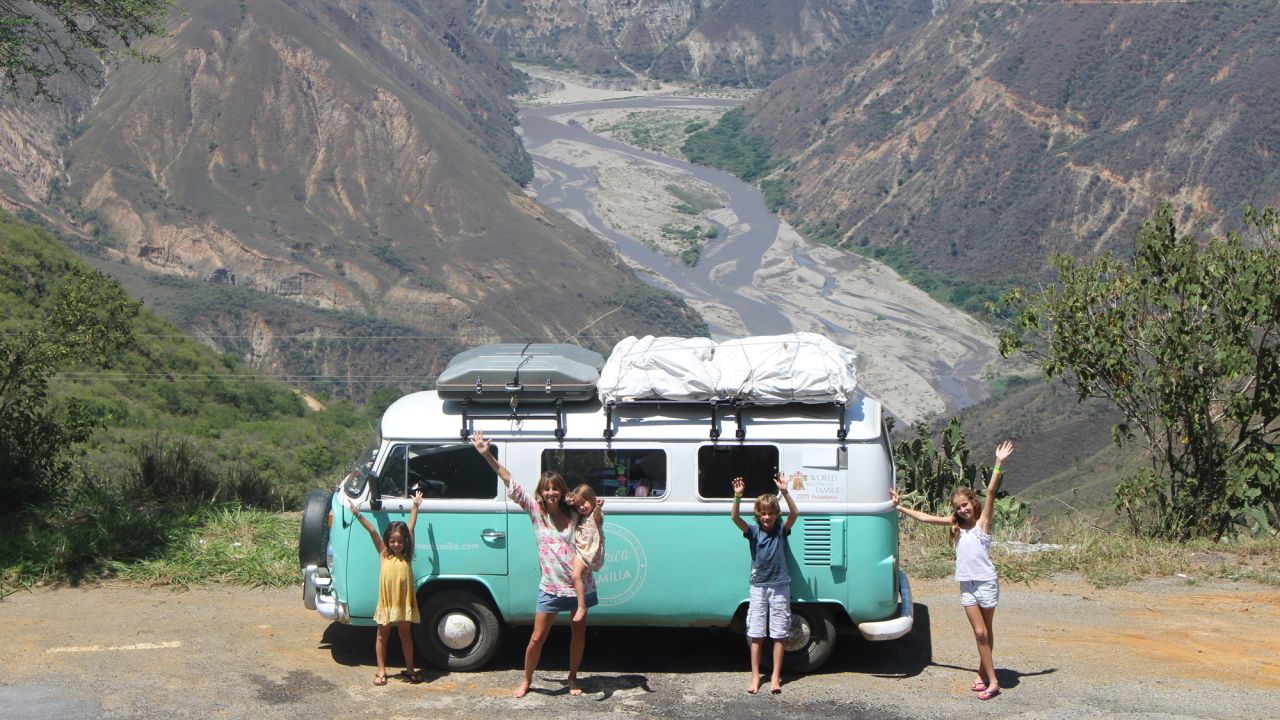 The 1980 VW bus stands out wherever the Walkers go, even against the most scenic landscapes such as the mountains of Colombia.