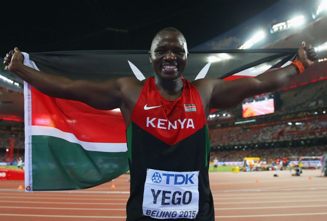 Julius Yego of Kenya celebrates after winning gold in the Men's Javelin final during day five of the 15th IAAF World Athletics Championships.