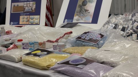Fake medicine seized by the U.S. Immigration and Customs Enforcement after a drug bust in Los Angeles. They were found to contain elements including dry wall and floor wax.