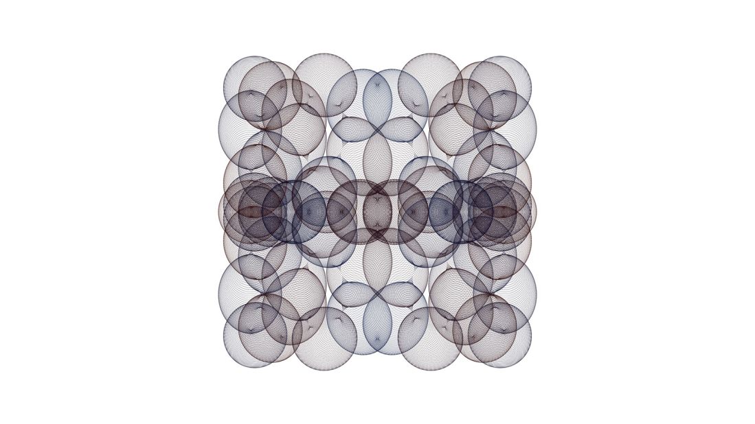 This image shows 6,000 circles. For k=1,2,3,...,6000 the center of the k-th circle is: (cos(6πk/6000), (sin(14πk/6000))^3)<br />and the radius of the k-th circle is: (1/4)(cos(66πk/6000))^2