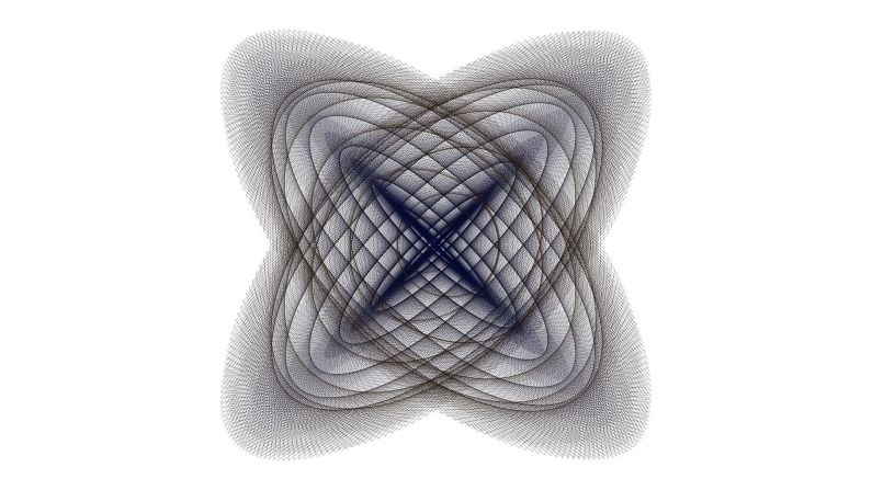 This image shows 10,000 line segments. For each k=1,2,3,...,10000 the endpoints of the k-th line segment are: (sin(108πk/10000)sin(4πk/10000), cos(106πk/10000)sin(4πk/10000)) and (sin(104πk/10000)sin(4πk/10000), cos(102πk/10000)sin(4πk/10000))