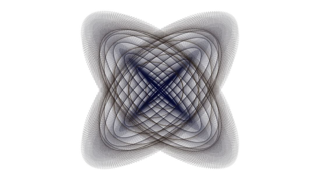 This image shows 10,000 line segments. For each k=1,2,3,...,10000 the endpoints of the k-th line segment are: (sin(108πk/10000)sin(4πk/10000), cos(106πk/10000)sin(4πk/10000)) and (sin(104πk/10000)sin(4πk/10000), cos(102πk/10000)sin(4πk/10000))