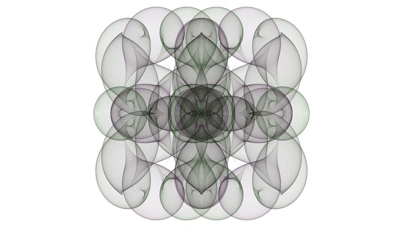 This image shows 10,000 circles. For k=1,2,3,...,10000 the center of the k-th circle is: ((cos(14πk/10000))^3, (sin(24πk/10000))^3) and the radius of the k-th circle is: (1/3)(cos(44πk/10000))^4