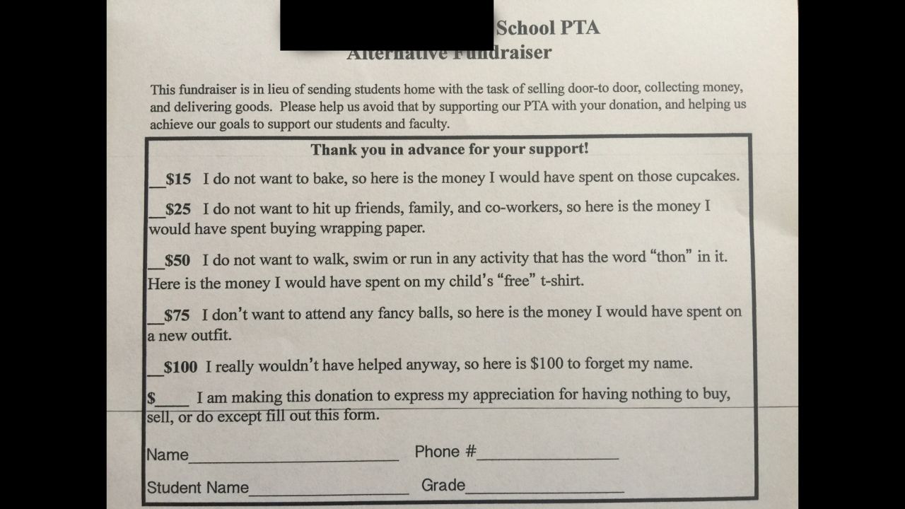 Dee Heinz shared this fundraiser form on Facebook with school's name hidden to shield it from unwanted attention.