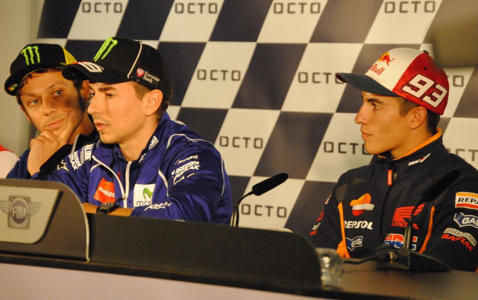 Rossi, Lorenzo and reigning world champion Marc Marquez at Thursday's press conference at Silverstone. Marquez currently lies third in the championship, a distant 52 points behind.