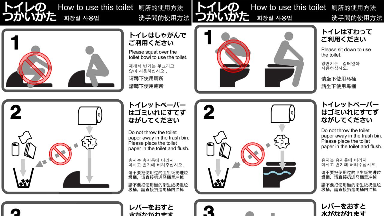 Kyoto has also released a separate toilet guide to teach travelers the proper way to use a Japanese-style (left) and Western-style (right) toilet. 