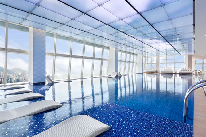 Even without the sky displayed on ceiling-mounted LED screens, swimmers at the Ritz-Carlton, Hong Kong feel the altitude in the world's highest indoor infinity pool.