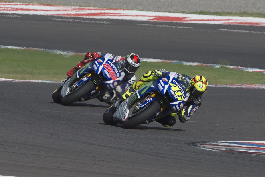 Rossi and Lorenzo have been engaged in a titanic battle this season. Here, the Italian leads the Spaniard at the MotoGP of Argentina. 