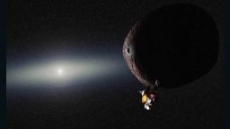An artist's impression of what New Horizons would look like flying by 2014 MU69, nicknamed PT1, in the Kuiper Belt.
