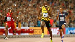 BEIJING, CHINA - AUGUST 29:  Usain Bolt of Jamaica crosses the finish line to win gold in the Men's 4x100 Metres Relay final ahead of Mike Rodgers of the United States during day eight of the 15th IAAF World Athletics Championships Beijing 2015 at Beijing National Stadium on August 29, 2015 in Beijing, China.  (Photo by Christian Petersen/Getty Images for IAAF)
