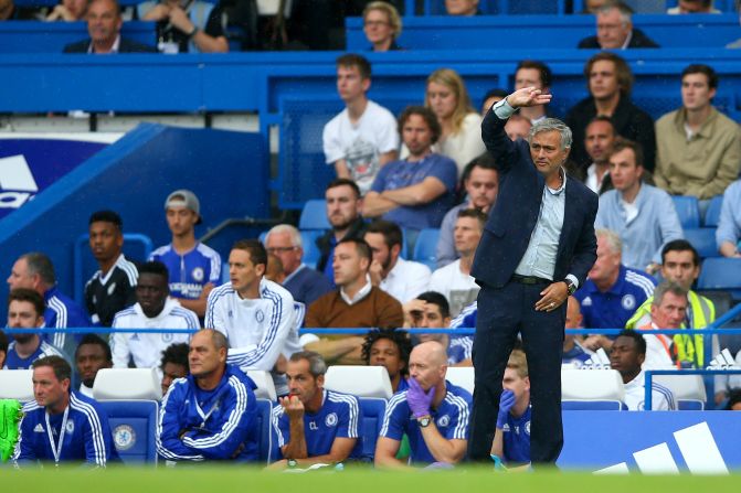 Jose Mourinho gestures during Chelsea's home loss to Crystal Palace.