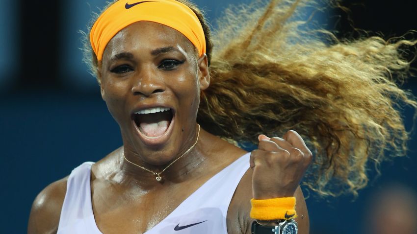 Serena Williams of the USA celebrates winning her finals match against Victoria Azarenka of Belarus during day seven of the 2014 Brisbane International at Queensland Tennis Centre on January 4, 2014 in Brisbane, Australia.