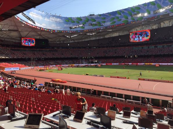 The sun shines inside the Bird's Nest before the opening session on Day One of the World Athletics Championships.