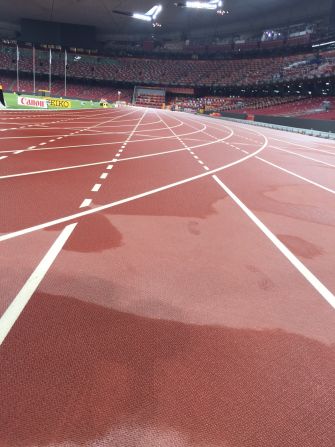 The view Usain Bolt had from lane five when he sprinted to 100m gold.