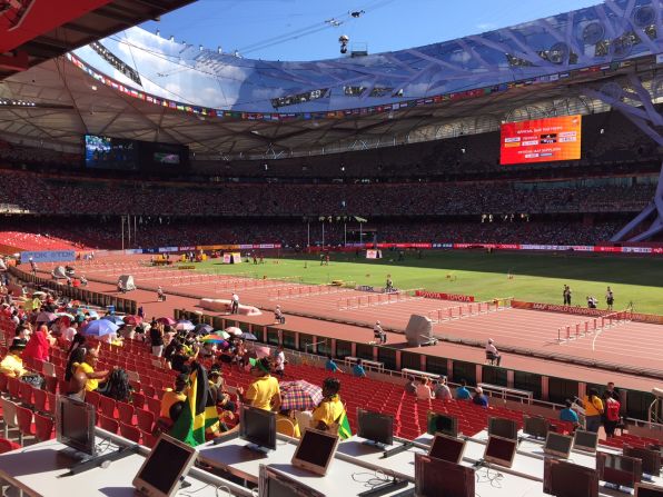 The track is set up inside the Bird's Nest for one of the most spectacular events -- the sprint hurdles.