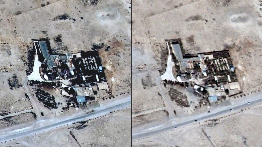 Satellite images show Palmyra on June 26, 2015 (left) and on August 27, 2015 (right).