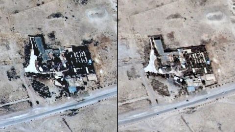 Satellite images of the Baal Shamin temple seen on June 26, 2015 in Syria's ancient city of Palmyra and the same location on August 27, 2015. Image by UNITAR-UNOSAT.