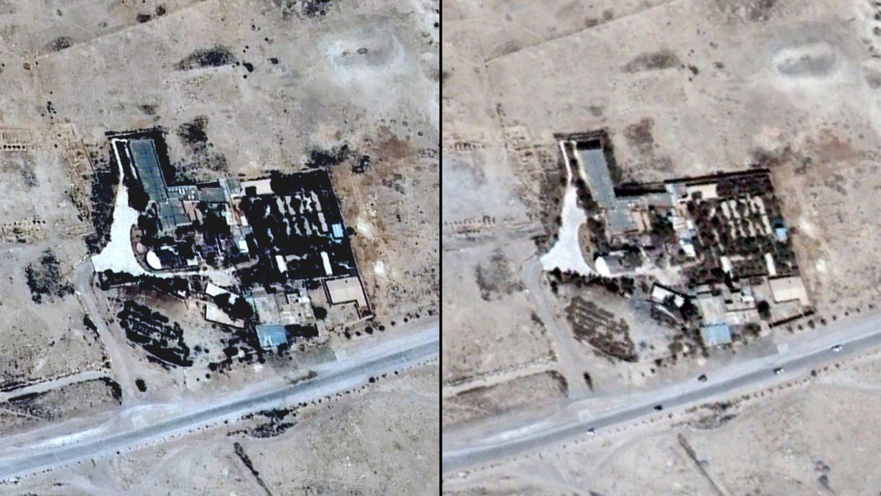 Satellite images of the Baal Shamin temple seen on June 26, 2015 in Syria's ancient city of Palmyra and the same location on August 27, 2015. Image by UNITAR-UNOSAT.