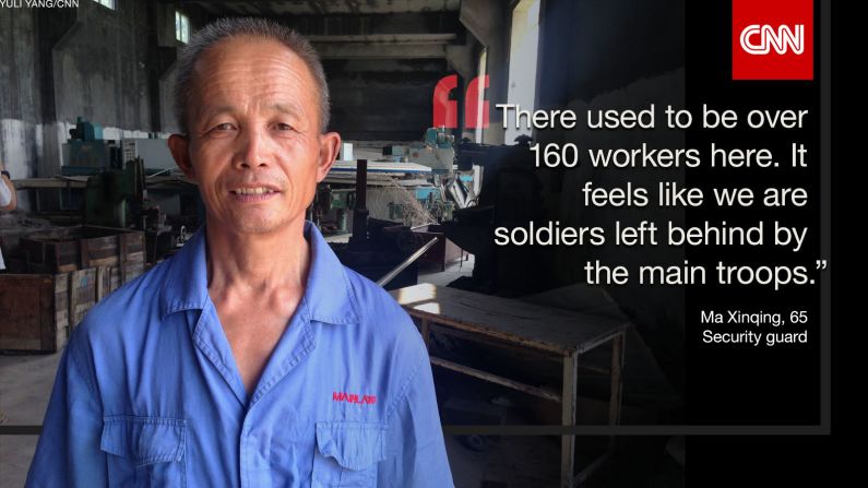 Ma Xinqing worked in this factory in Tengzhou, Shandong, for 20 years before it was shut down.  He now works as a security guard, keeping watch over the empty, decaying buildings.  