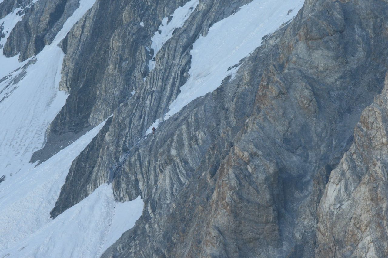 Look closely and you'll see Kuriki crossing a massive rock face on Broad Peak, which borders China and Pakistan, in 2014. He says his Everest attempt is "not for record or honor."