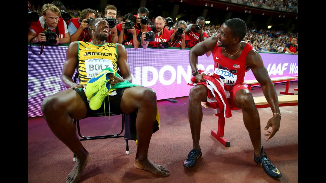 Usain Bolt talks with  Justin Gatlin after the Men's 200 metres final during day six of the 15th IAAF World Athletics Championships Beijing 2015 at Beijing National Stadium in 2015.