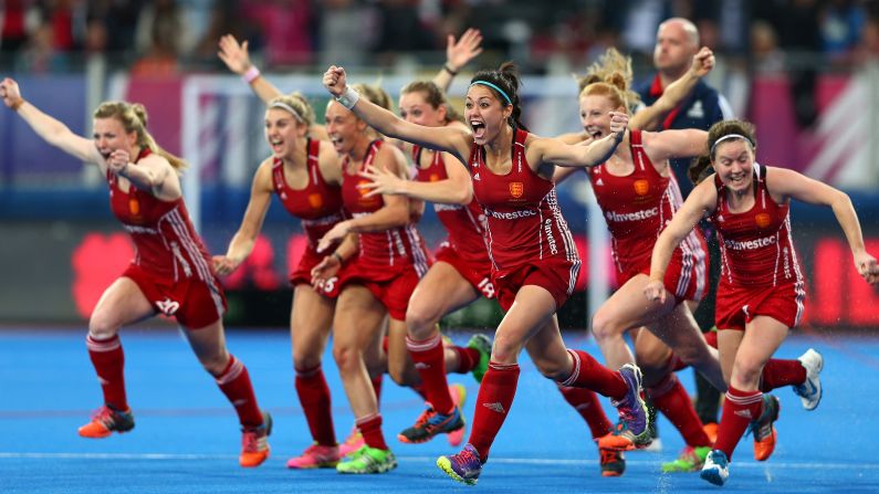 England's field hockey team celebrates after winning the EuroHockey Championships in London on Sunday, August 30. England defeated the Netherlands on penalties.